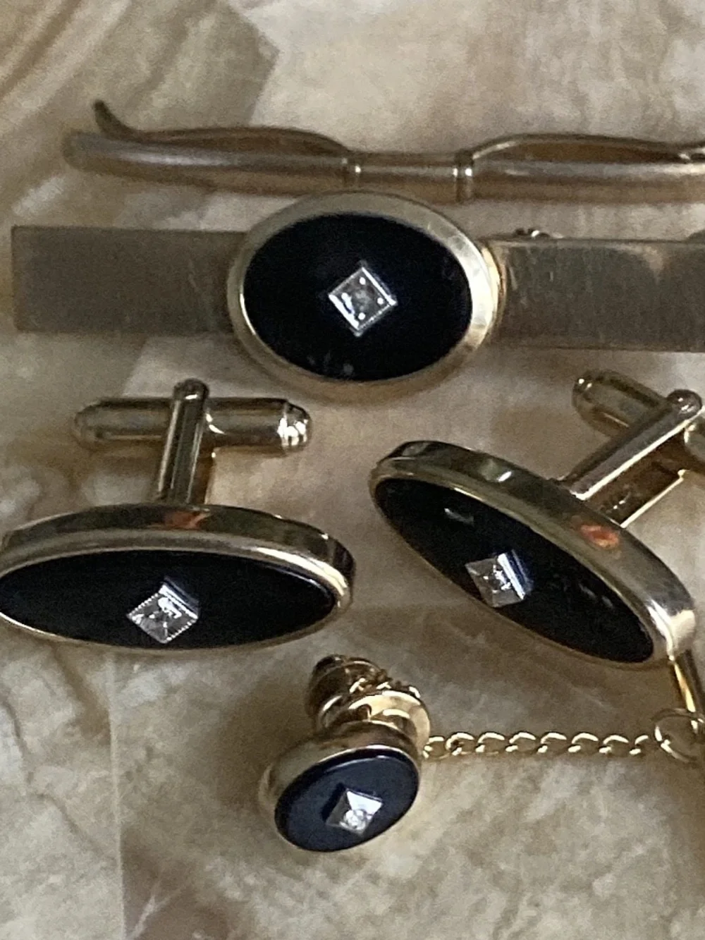 Vintage ANSON Black Onyx Crystal Cufflinks & Foster Tie Bar Set Gold Tone Tuxedo